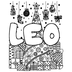 Coloriage prénom LEO - décor Sapin et Cadeaux