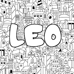 Coloriage pr&eacute;nom LEO - d&eacute;cor Ville