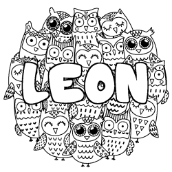 Coloriage pr&eacute;nom LEON - d&eacute;cor Chouettes