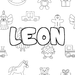 Coloriage pr&eacute;nom LEON - d&eacute;cor Jouets