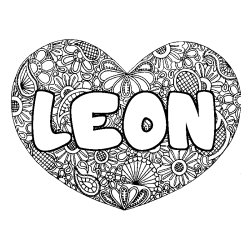 Coloriage prénom LEON - décor Mandala coeur