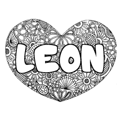 Coloriage pr&eacute;nom LEON - d&eacute;cor Mandala coeur