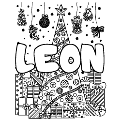 Coloriage prénom LEON - décor Sapin et Cadeaux