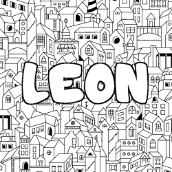 Coloriage pr&eacute;nom LEON - d&eacute;cor Ville