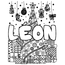 Coloriage prénom LÉON - décor Sapin et Cadeaux