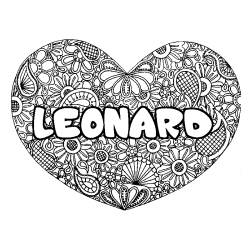 Coloriage pr&eacute;nom LEONARD - d&eacute;cor Mandala coeur