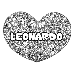 Coloriage pr&eacute;nom LEONARDO - d&eacute;cor Mandala coeur