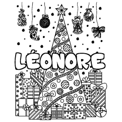 Coloriage prénom LÉONORE - décor Sapin et Cadeaux