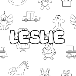 Coloriage pr&eacute;nom LESLIE - d&eacute;cor Jouets