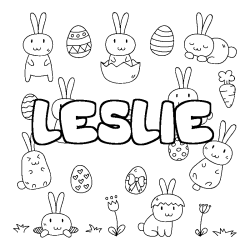 Coloriage pr&eacute;nom LESLIE - d&eacute;cor Paques