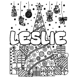 Coloriage pr&eacute;nom LESLIE - d&eacute;cor Sapin et Cadeaux