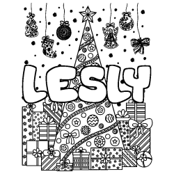Coloriage prénom LESLY - décor Sapin et Cadeaux
