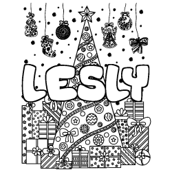 Coloriage pr&eacute;nom LESLY - d&eacute;cor Sapin et Cadeaux