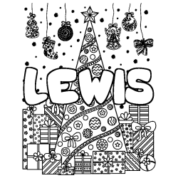 Coloriage prénom LEWIS - décor Sapin et Cadeaux
