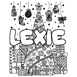 Coloriage prénom LEXIE - décor Sapin et Cadeaux