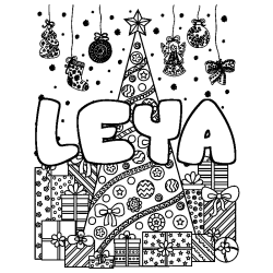 Coloriage prénom LEYA - décor Sapin et Cadeaux