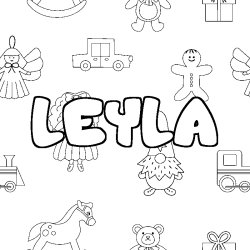 Coloriage pr&eacute;nom LEYLA - d&eacute;cor Jouets