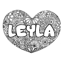 Coloriage pr&eacute;nom LEYLA - d&eacute;cor Mandala coeur