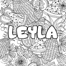 Coloriage pr&eacute;nom LEYLA - d&eacute;cor Mandala fruits