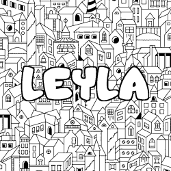 Coloriage pr&eacute;nom LEYLA - d&eacute;cor Ville