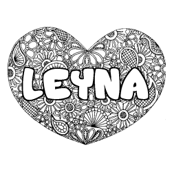 Coloriage pr&eacute;nom LEYNA - d&eacute;cor Mandala coeur