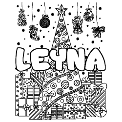 Coloriage prénom LEYNA - décor Sapin et Cadeaux