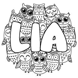 Coloriage pr&eacute;nom LIA - d&eacute;cor Chouettes