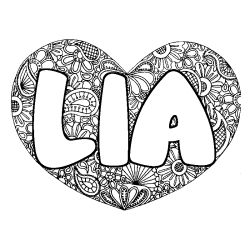 Coloriage pr&eacute;nom LIA - d&eacute;cor Mandala coeur