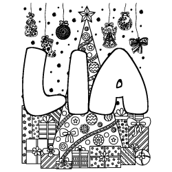 Coloriage pr&eacute;nom LIA - d&eacute;cor Sapin et Cadeaux