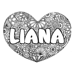 Coloriage prénom LIANA - décor Mandala coeur
