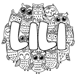 Coloriage pr&eacute;nom LILI - d&eacute;cor Chouettes
