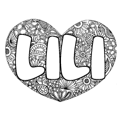 Coloriage pr&eacute;nom LILI - d&eacute;cor Mandala coeur