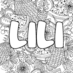 Coloriage pr&eacute;nom LILI - d&eacute;cor Mandala fruits