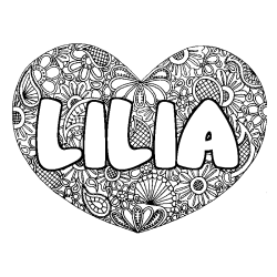 Coloriage prénom LILIA - décor Mandala coeur