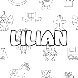 Coloriage prénom LILIAN - décor Jouets