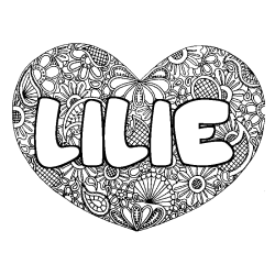 Coloriage prénom LILIE - décor Mandala coeur