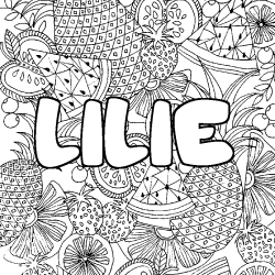Coloriage pr&eacute;nom LILIE - d&eacute;cor Mandala fruits