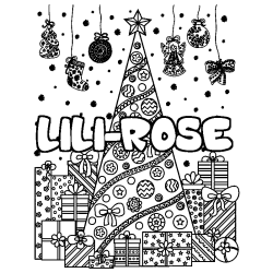 Coloriage prénom LILI-ROSE - décor Sapin et Cadeaux