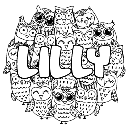 Coloriage pr&eacute;nom LILLY - d&eacute;cor Chouettes