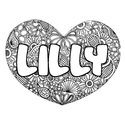 Coloriage pr&eacute;nom LILLY - d&eacute;cor Mandala coeur