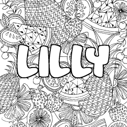 Coloriage pr&eacute;nom LILLY - d&eacute;cor Mandala fruits