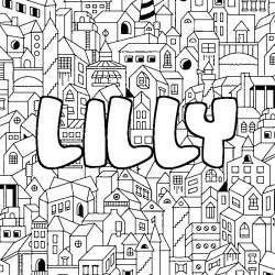 Coloriage pr&eacute;nom LILLY - d&eacute;cor Ville