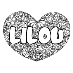 Coloriage prénom LILOU - décor Mandala coeur