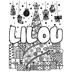 Coloriage pr&eacute;nom LILOU - d&eacute;cor Sapin et Cadeaux