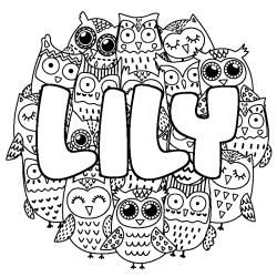 Coloriage pr&eacute;nom LILY - d&eacute;cor Chouettes