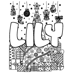 Coloriage pr&eacute;nom LILY - d&eacute;cor Sapin et Cadeaux