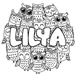 Coloriage pr&eacute;nom LILYA - d&eacute;cor Chouettes
