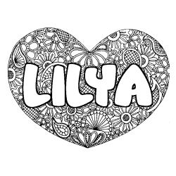 Coloriage pr&eacute;nom LILYA - d&eacute;cor Mandala coeur