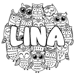 Coloriage prénom LINA - décor Chouettes