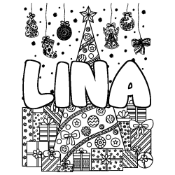 Coloriage prénom LINA - décor Sapin et Cadeaux